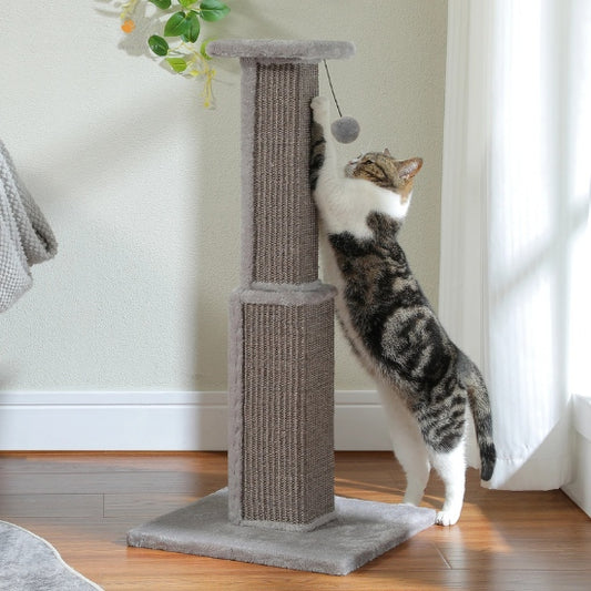 tronc à griffer griffoir chat en sisal avec chat étirant et grattant poteau pompon suspendu pour jeu et entretien des griffes