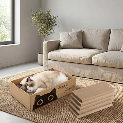 Griffoir carton chat avec chat endormi dans son bac en carton et recharges remplaçables haute densité