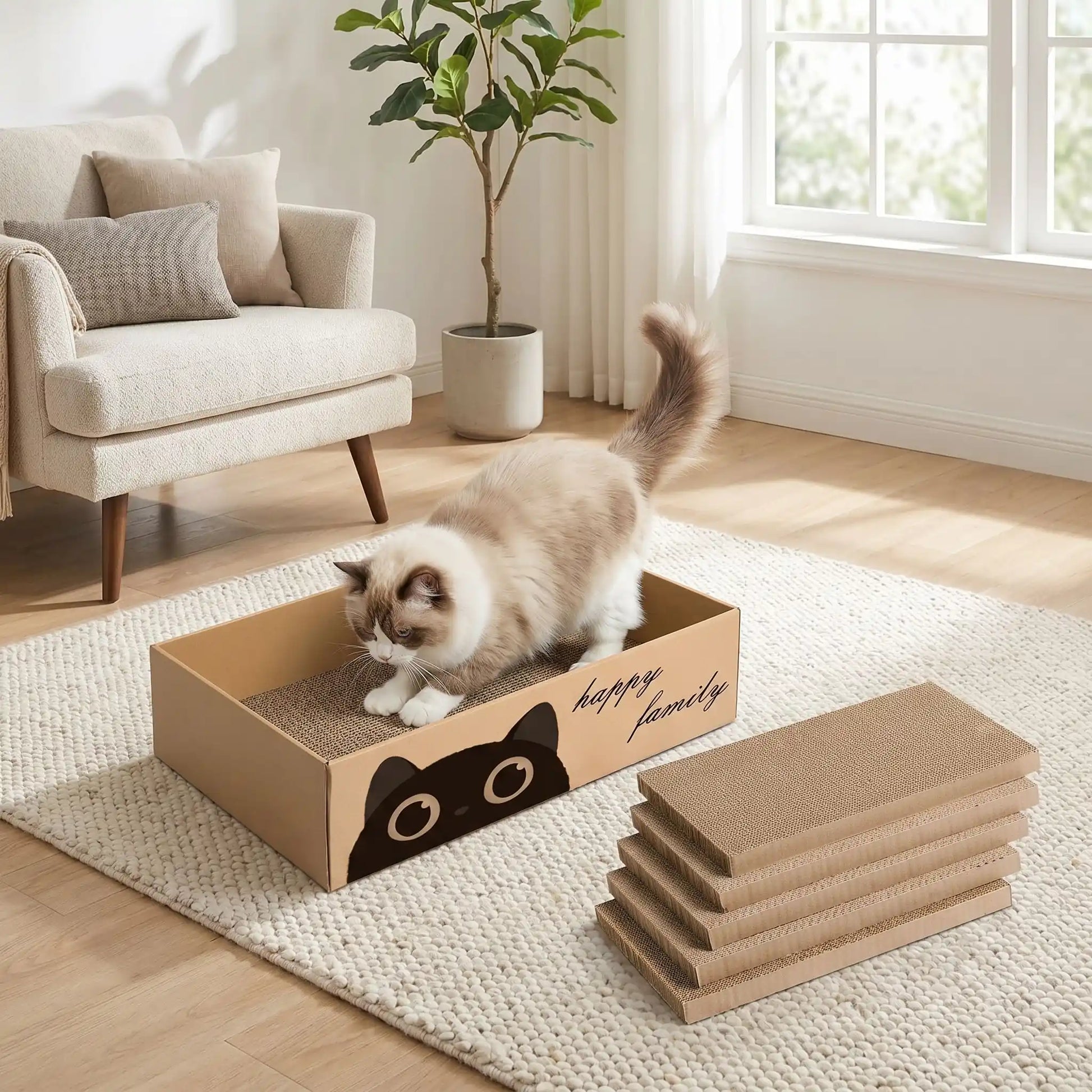 Griffoir carton chat avec lot de 5 plaques rechargeables et chat faisant ses griffes dans le carton