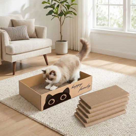 Griffoir carton chat avec lot de 5 plaques rechargeables et chat faisant ses griffes dans le carton