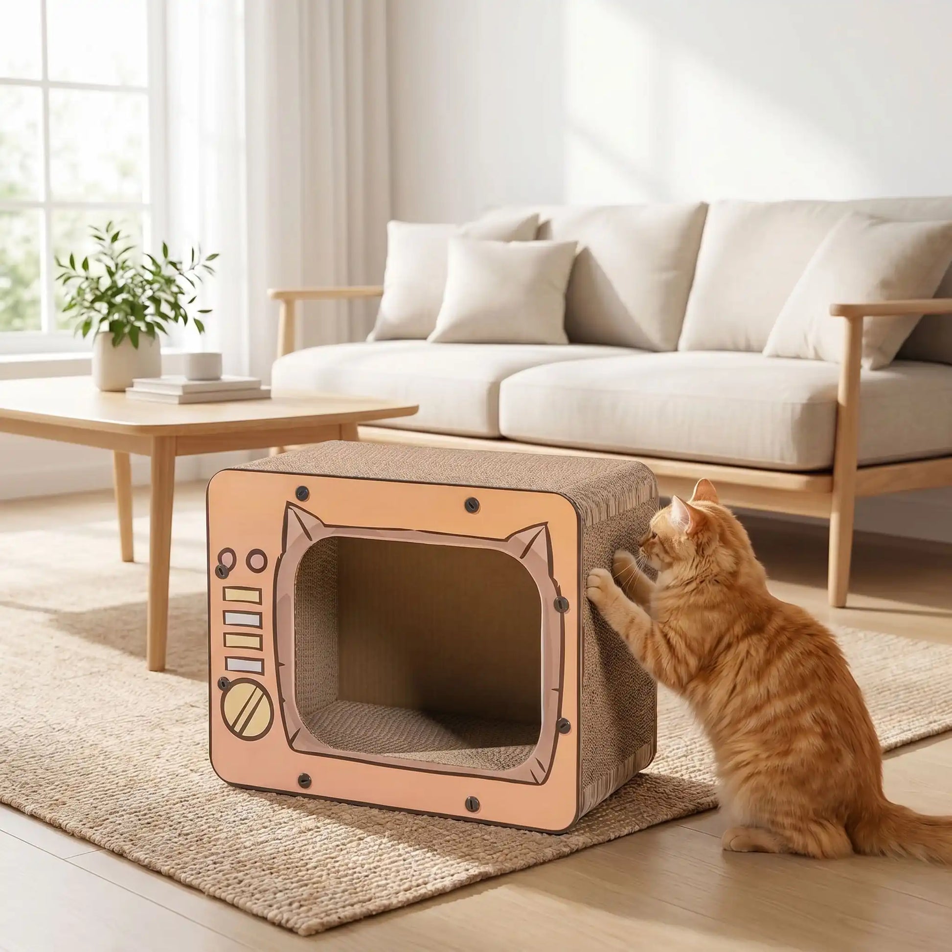 Griffoir carton pour chat design television avec chat roux faisant ses griffes dans le salon