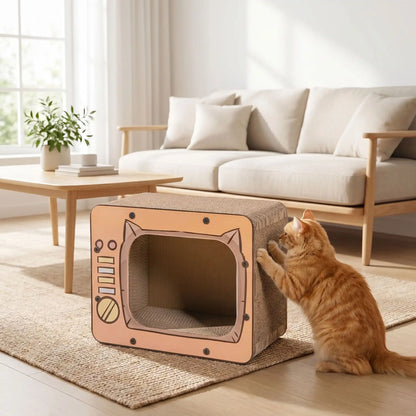 Griffoir carton pour chat design television avec chat roux faisant ses griffes dans le salon