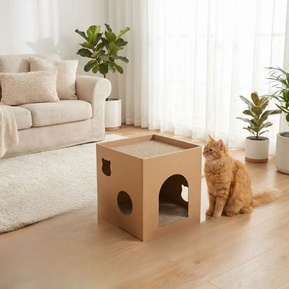 Griffoir carton pour chat avec maison en carton et surface à griffer dans un salon moderne