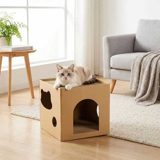 Griffoir carton pour chat avec espace de repos surélevé et maison en carton pour se cacher et se détendre