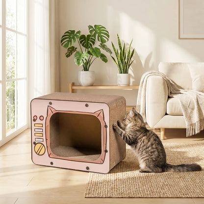 Griffoir carton pour chat design television avec chat faisant ses griffes sur la surface laterale en carton