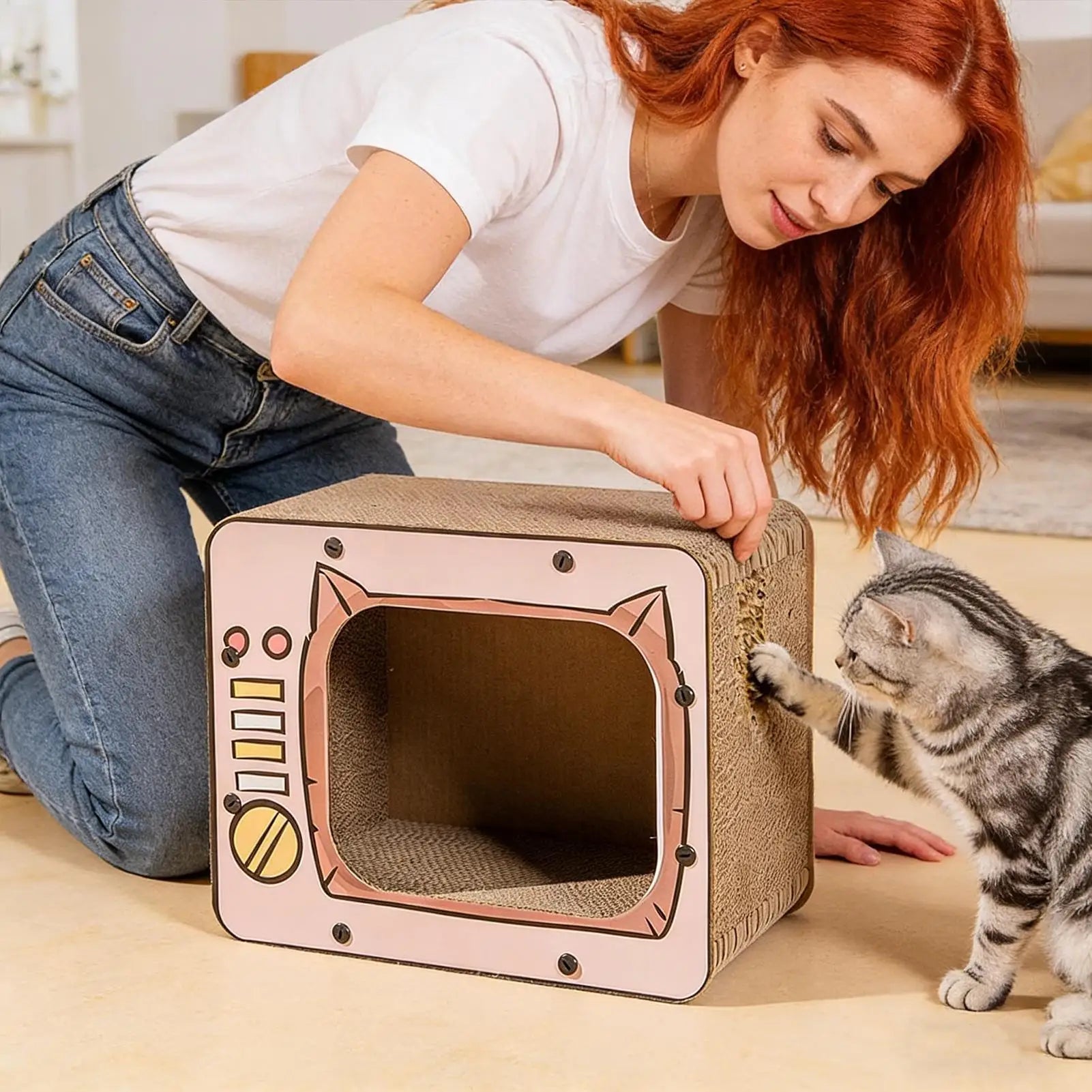 Griffoir carton pour chat design television avec proprietaire et chat pendant le montage