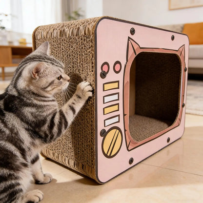 Griffoir carton pour chat avec surface laterale de grattage et cachette television