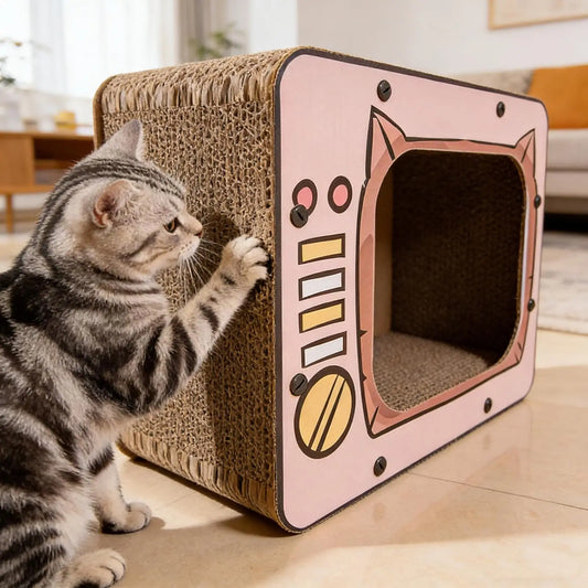 Griffoir carton pour chat avec surface laterale de grattage et cachette television