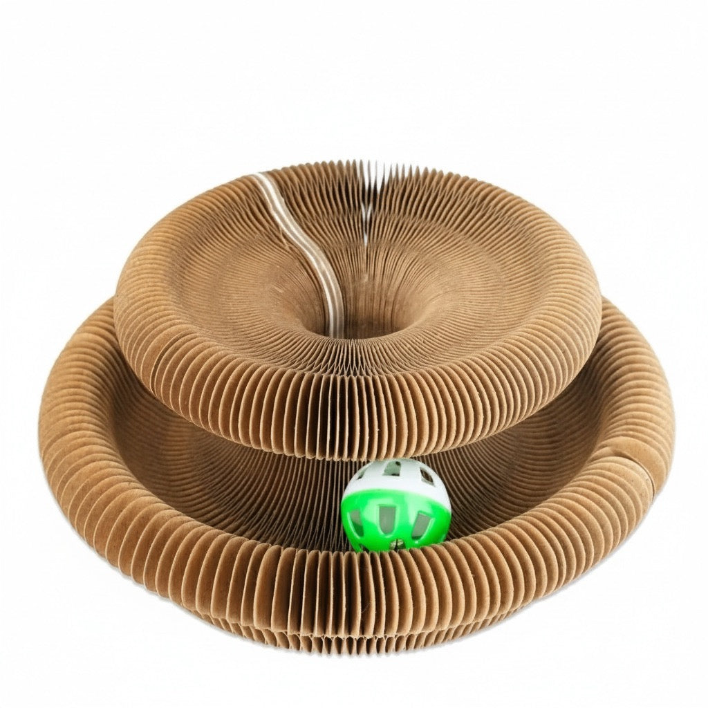 Griffoir chat en carton avec balle cloche et structure accordéon pour jouer et griffer