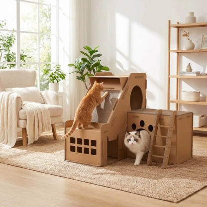 Griffoir chat carton multifonction avec rampe de griffage, cachette et espace de jeu pour deux chats