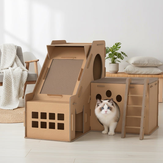 riffoir chat carton avec maison cachette et surface de griffage intégrée pour le repos et le jeu