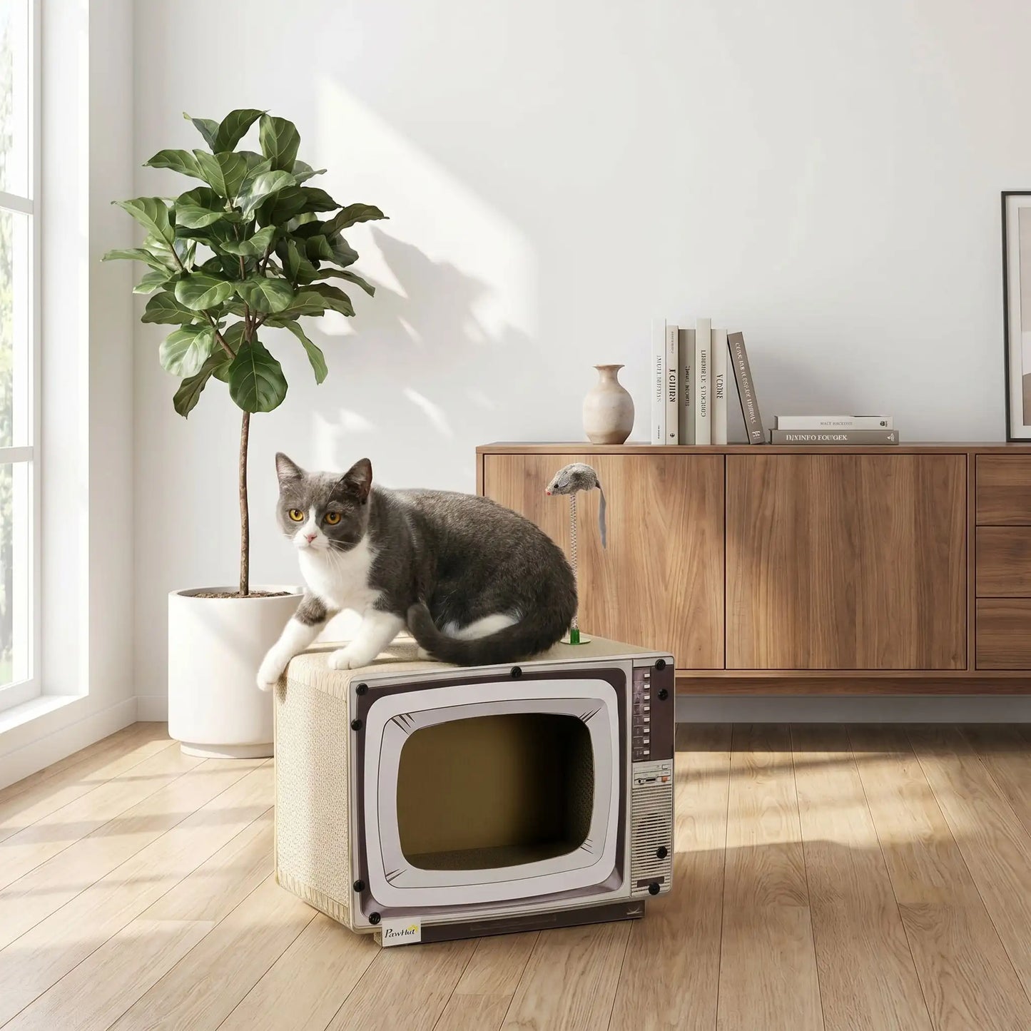 Griffoir chat carton avec jouet souris et surface de griffage sur le dessus