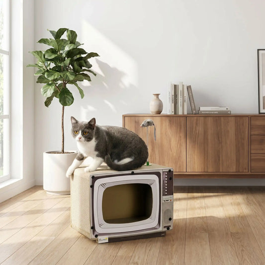 Griffoir chat carton avec jouet souris et surface de griffage sur le dessus