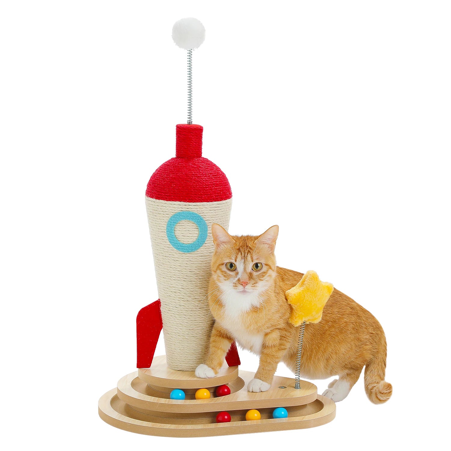 griffoir chat poteau sisal design fusée avec jouets interactifs balles et pompons