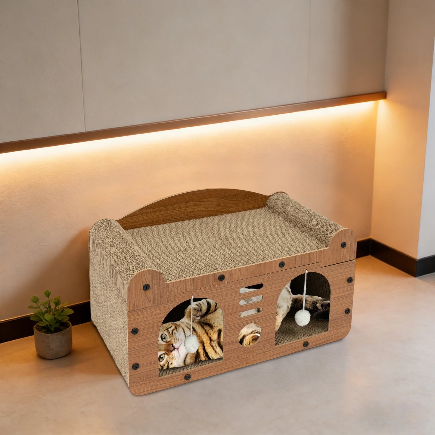 Griffoir en carton pour chat maison avec jouets suspendus et espace de repos