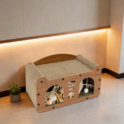Griffoir en carton pour chat maison avec jouets suspendus et espace de repos