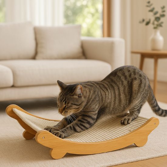 griffoir pour chat bois sisal incurvé avec chat fait ces griffes sur le griffoir heureux