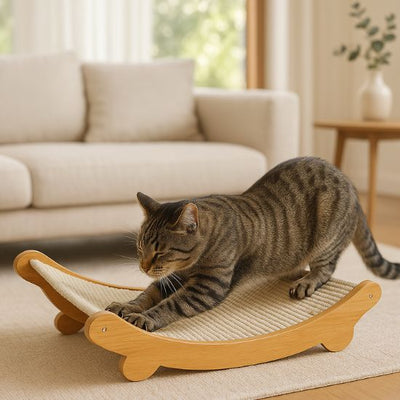 griffoir pour chat bois sisal incurvé avec chat fait ces griffes sur le griffoir heureux