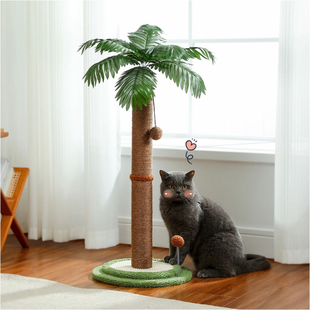 Griffoir pour chat en forme de cocotier avec balle sisal et pompon