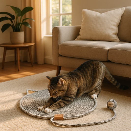 Griffoir pour chat rond noir avec balle de jeu intégrée et un chat qui griffe le tapis