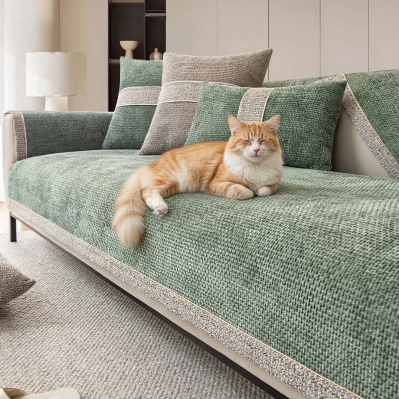 housse canapé anti griffure chat de couleur vert sur canapé avec chat allongé relaxer
