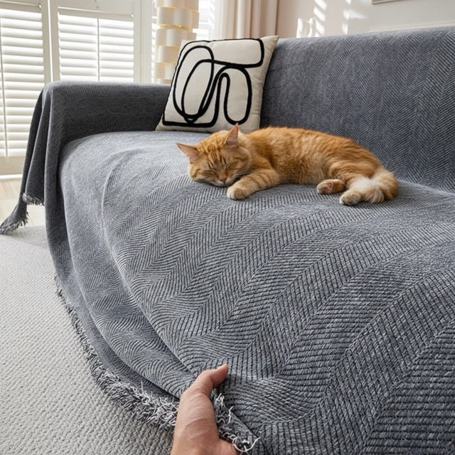 housse de canapé anti griffe de chat roux qui dort sur canapé qui dort couleur gris protection anti-poils