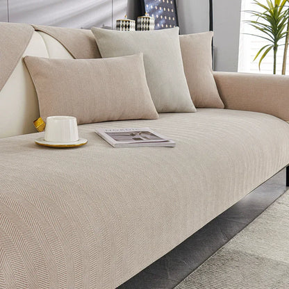 housse de canapé en chenille avec coussins couleur beige idéal contre les poils 