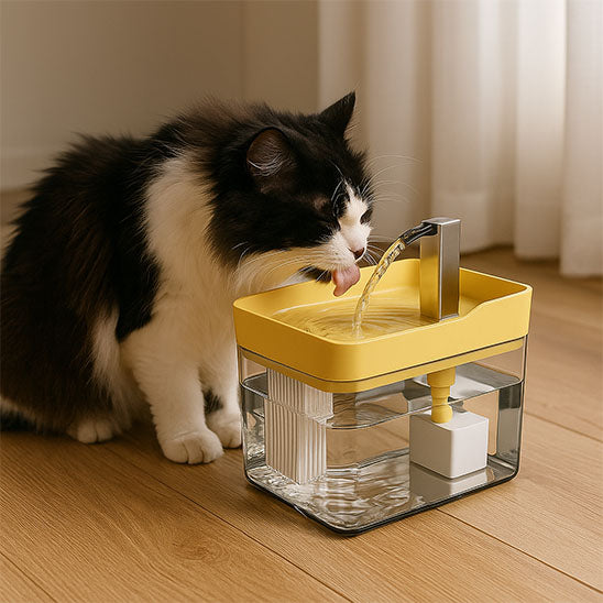 fontaine eau chat jaune l'hydratation idéale pour votre félin avec un chat noir et blanc buvant à une fontaine rectangulaire avec réservoir transparent et bec couleur acier inoxydable