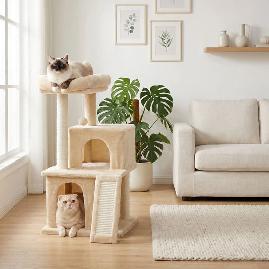 Petit arbre à chat beige multi chats avec plateformes et espaces de repos confortables avec planche sisal.