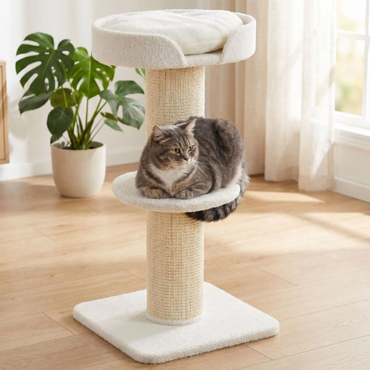 Petit arbre a chat blanc avec deux niveaux de repos pour chat d'intérieur