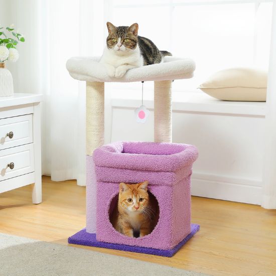 petit arbre a chat violet blanc avec griffoir et coin cachette et zone de detente sur deux niveaux