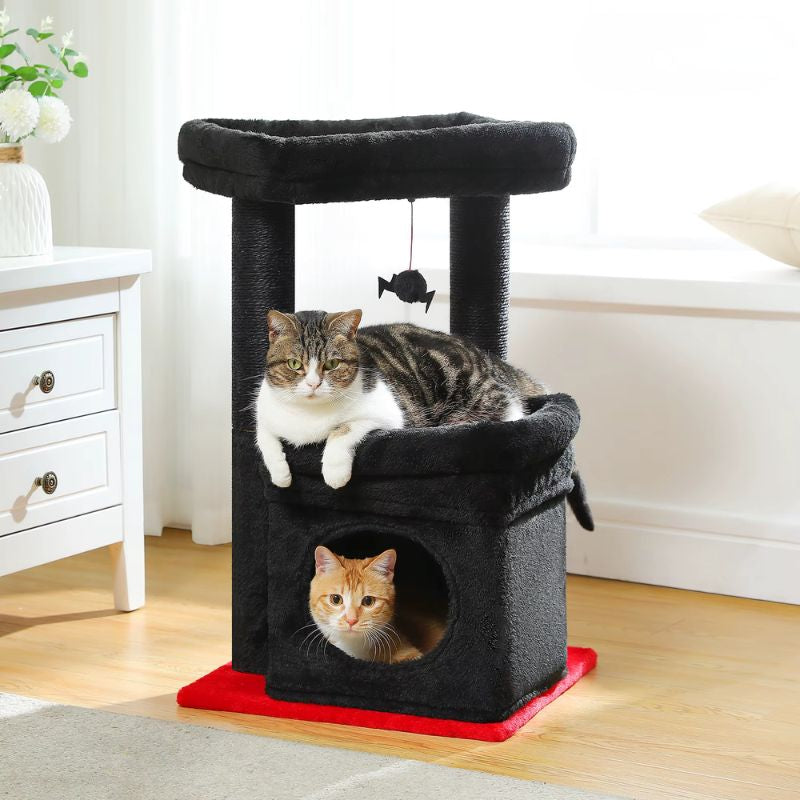 Petit arbre a chat noir compact avec plateformes et espace repos pour chat