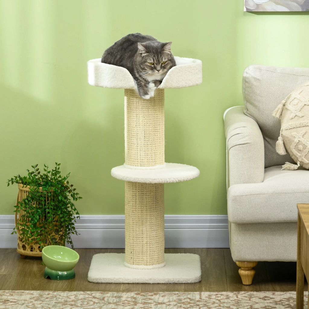 Petit arbre a chat avec poteau griffoir épais en sisal et couchage surélevé moelleux