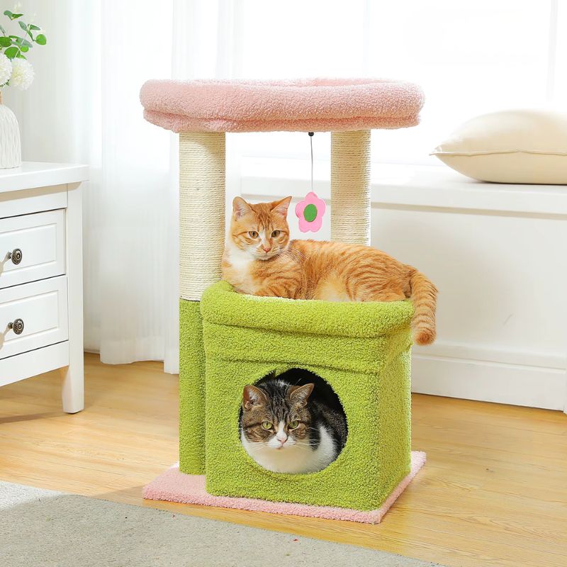 Petit arbre a chat vert et rose compact avec plateformes et espace repos pour chat