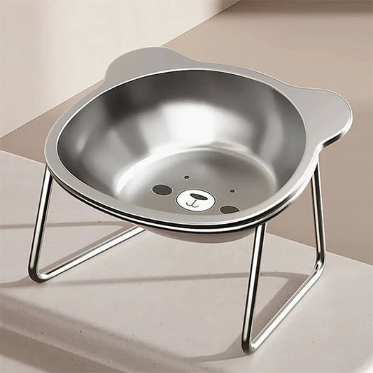 gamelle pour chat surélevée inox en forme de tête d'ours avec support pliant en inox design ergonomique pour confort optimal et facilité de nettoyage