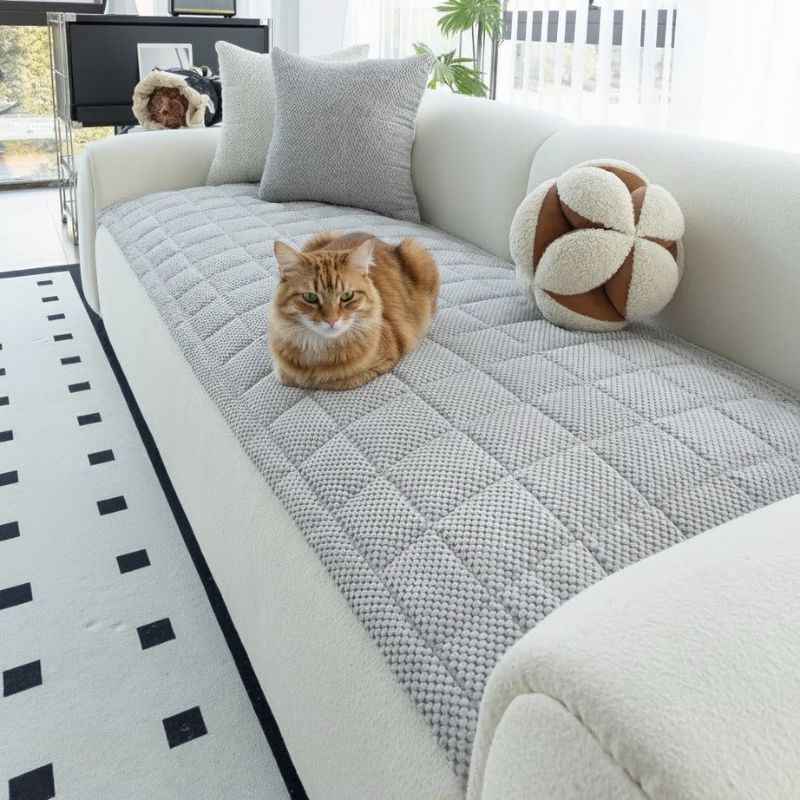 protection canapé chat polaire gris matelassé antidérapant furSafe sur canapé blanc avec chat
