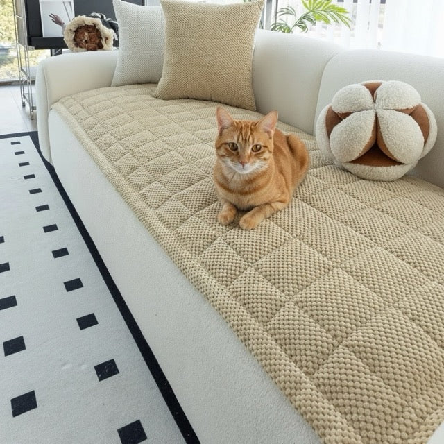 protection canapé chat polaire kaki matelassé antidérapant avec chat et jouet