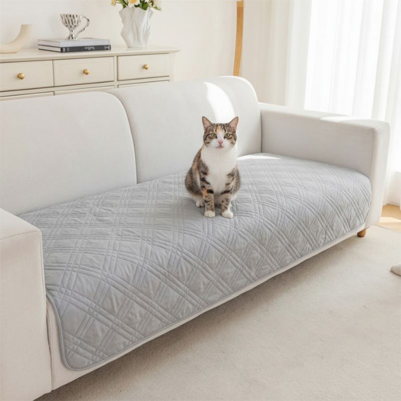 protection canapé chat plaid matelassé gris clair avec chat 