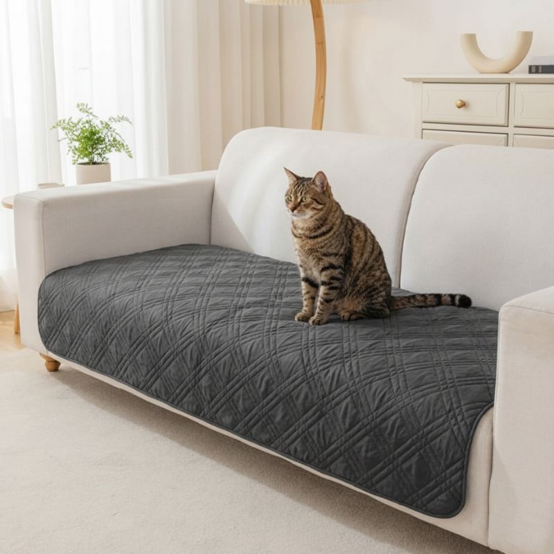 protection canapé chat plaid matelassé gris grifzen sur canapé avec chat