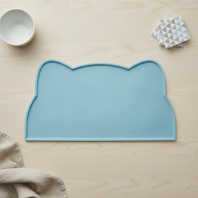 tapis gamelle chat antidérapant imperméable en silicone forme tête de chat bleu anti-saleté pour croquettes et fontaine a eau chat