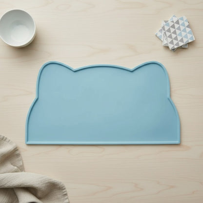 tapis gamelle chat antidérapant imperméable en silicone forme tête de chat bleu anti-saleté pour croquettes et fontaine a eau chat