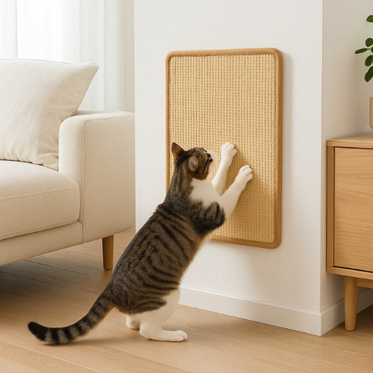 tapis griffoir mural chat en sisal chat tigré-gris et blanc debout griffe le tapis monté au mur dans un salon minimaliste avec canapé et table