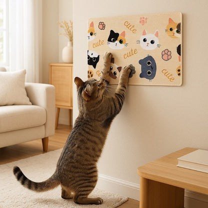 tapis griffoir mural pour chat essentiel pour un foyer élégant un chat tigré utilise un griffoir mural aux motifs ludiques dans un salon chaleureux