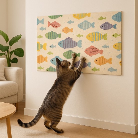 tapis griffoir mural pour chat avec motif poissons colorés utilisé par un chat dans un salon comprenant un canapé et une table