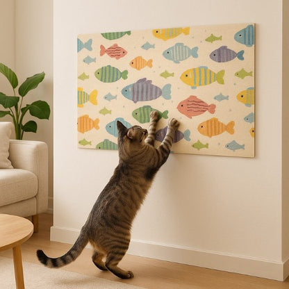 tapis griffoir mural pour chat avec motif poissons colorés utilisé par un chat dans un salon comprenant un canapé et une table
